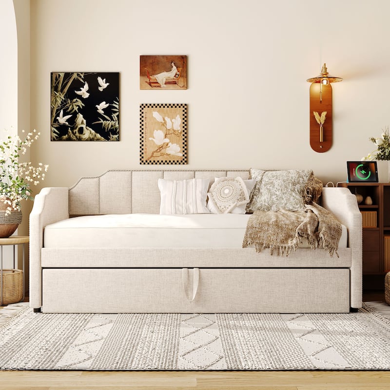 Twin Upholstered Daybed with Pop-Up Trundle, USB Charging Ports, Convertible Sofa Bed
