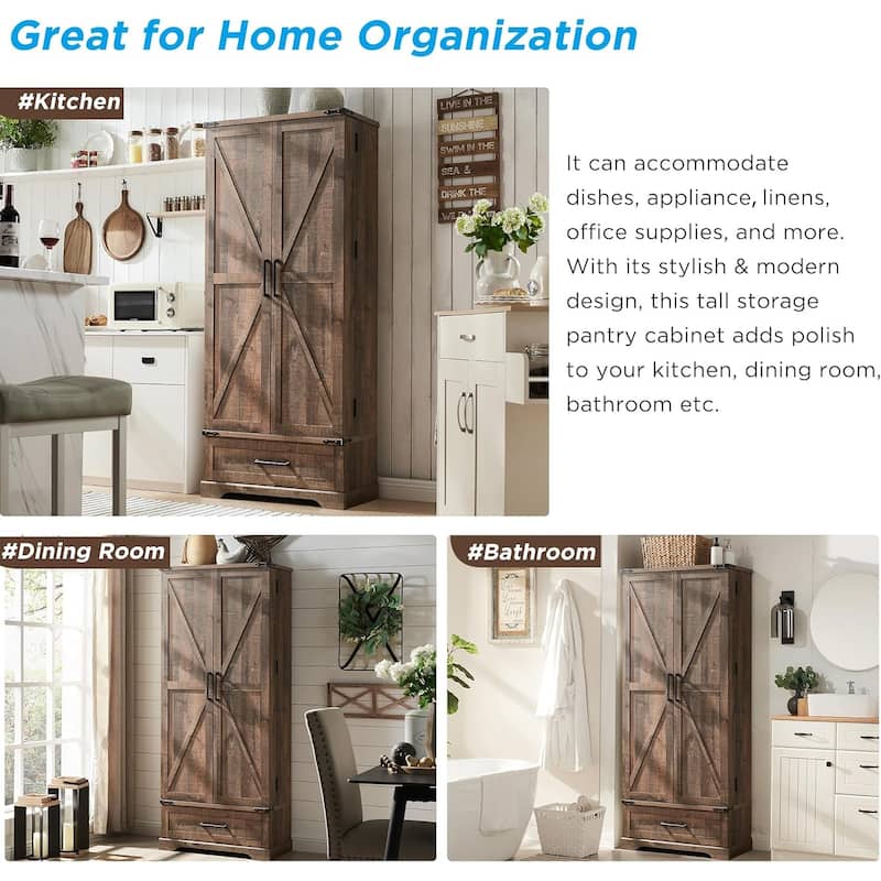 72" Farmhouse Kitchen Pantry Cabinet, Tall Storage Cabinet, Cupboard