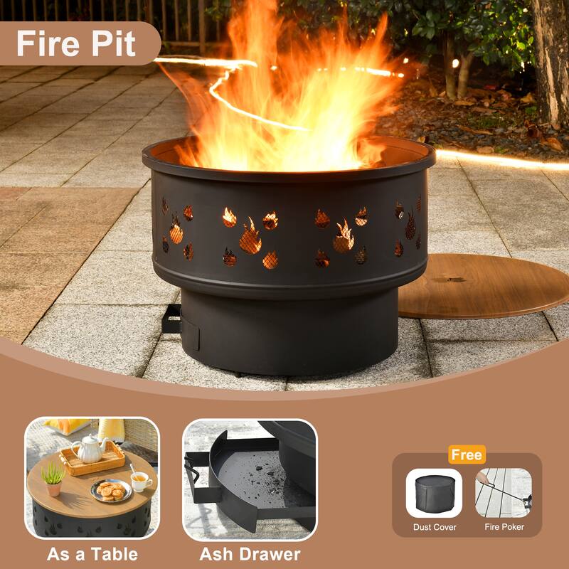 HOOOWOOO Outdoor 3-piece Rattan Wicker Swivel Rocking Chair Set with Wood Burning Fire Pit
