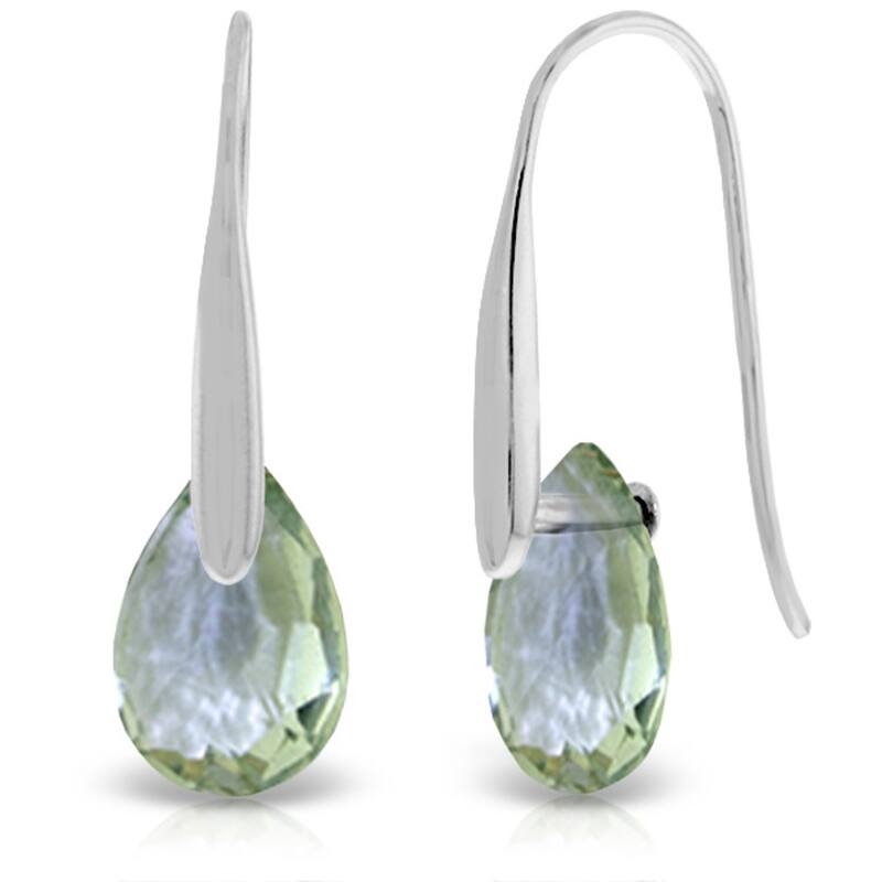 14K Solid Gold Hook Earrings w/ Dangling Briolette Green Amethysts - White