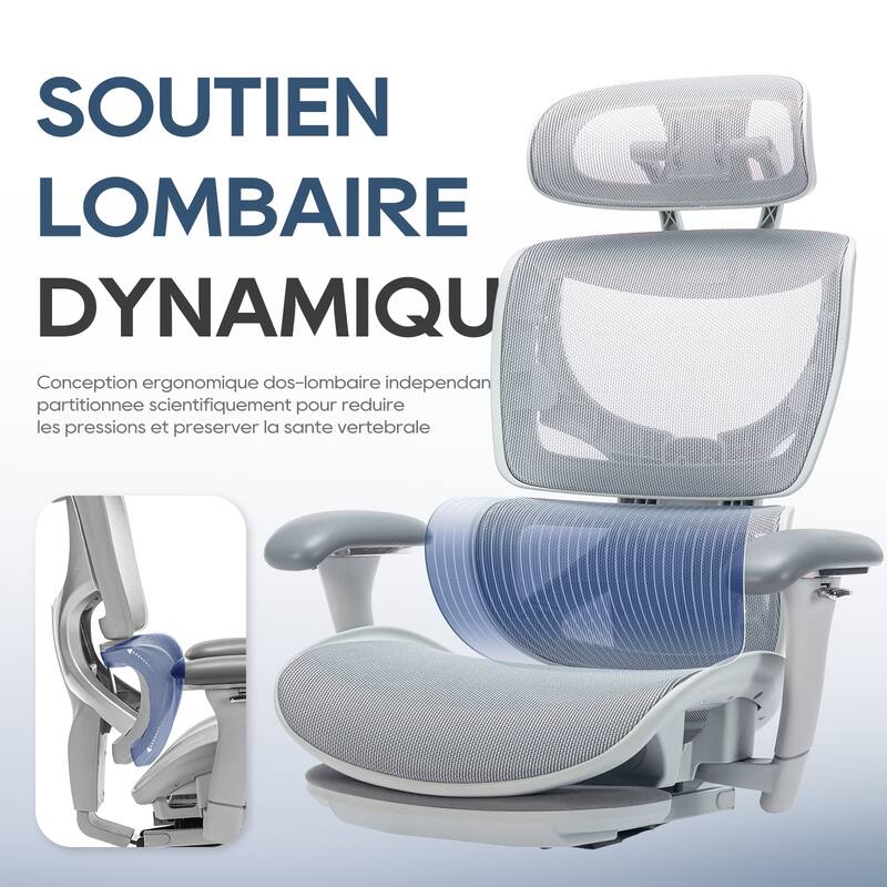 COLAMY Ergo Chair with Footrest, High Back, Adj Headrest, 3D Arms, Mesh (Grey)