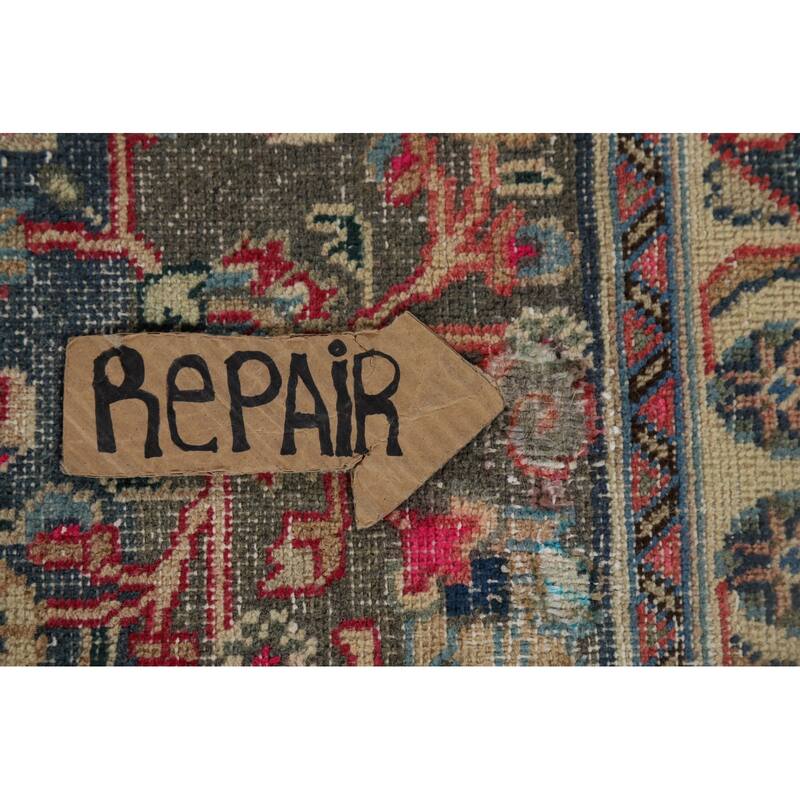 Distressed Mashad Persian Antique Area Rug Hand-Knotted Wool Carpet - 9'5" x 12'5"