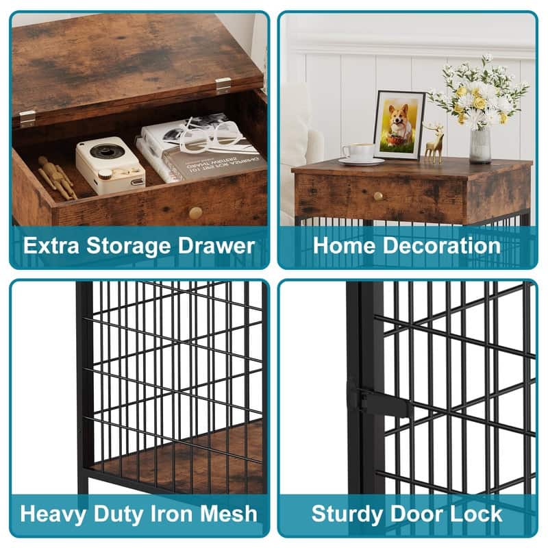 Wooden Dog Kennel Crate Furniture Side Table End Table with Drawer for Small Dogs