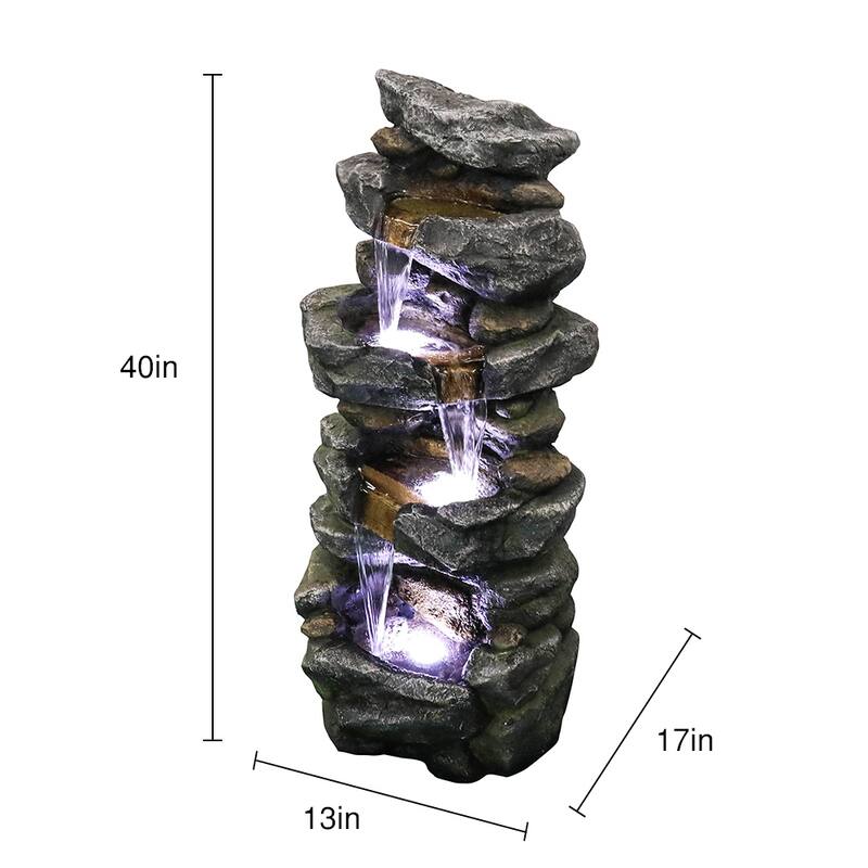 Outdoor Water Fountain w/LED Lights 4-Tier Stacked Rock Water Fountain