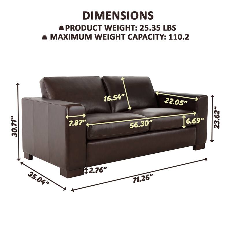 Genuine leather sofa & loveseat with feather cushions, square arms, sturdy & stylish.
