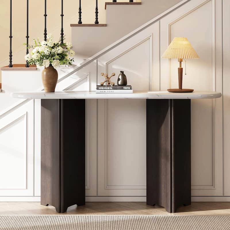 Narrow Console Table - Entryway Table with Oval Marble Top
