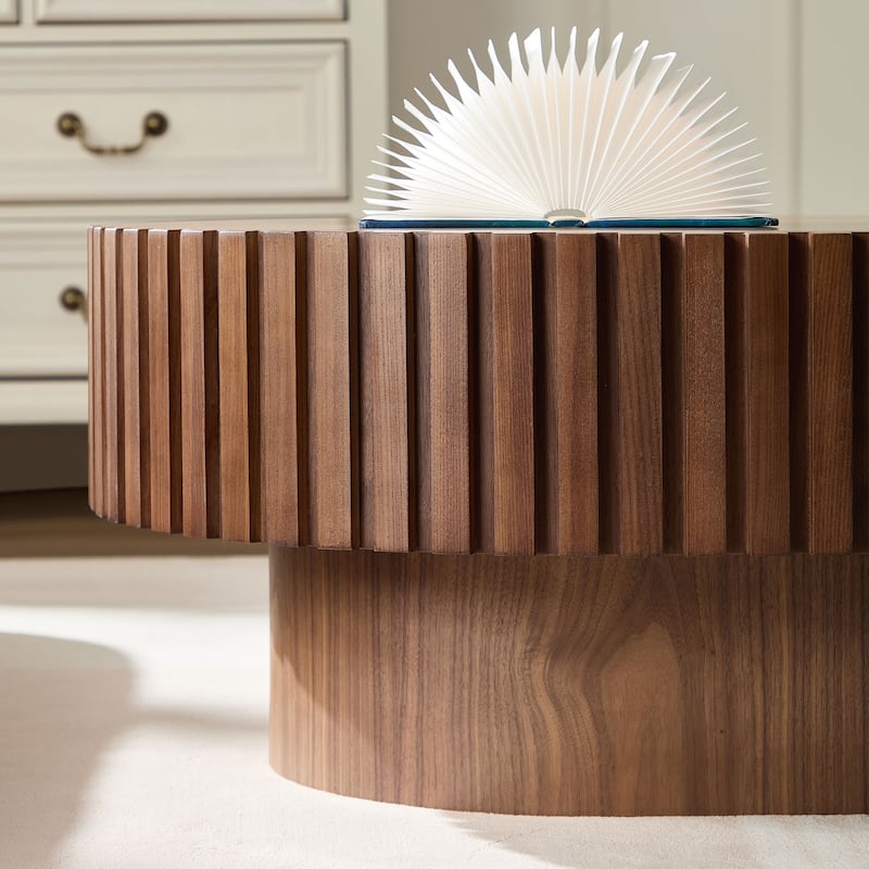 43.70 Inch Modern Handcraft Drum Coffee Table Oval Coffee Table, Small Wooden Coffee Table with Sturdy Pedestal