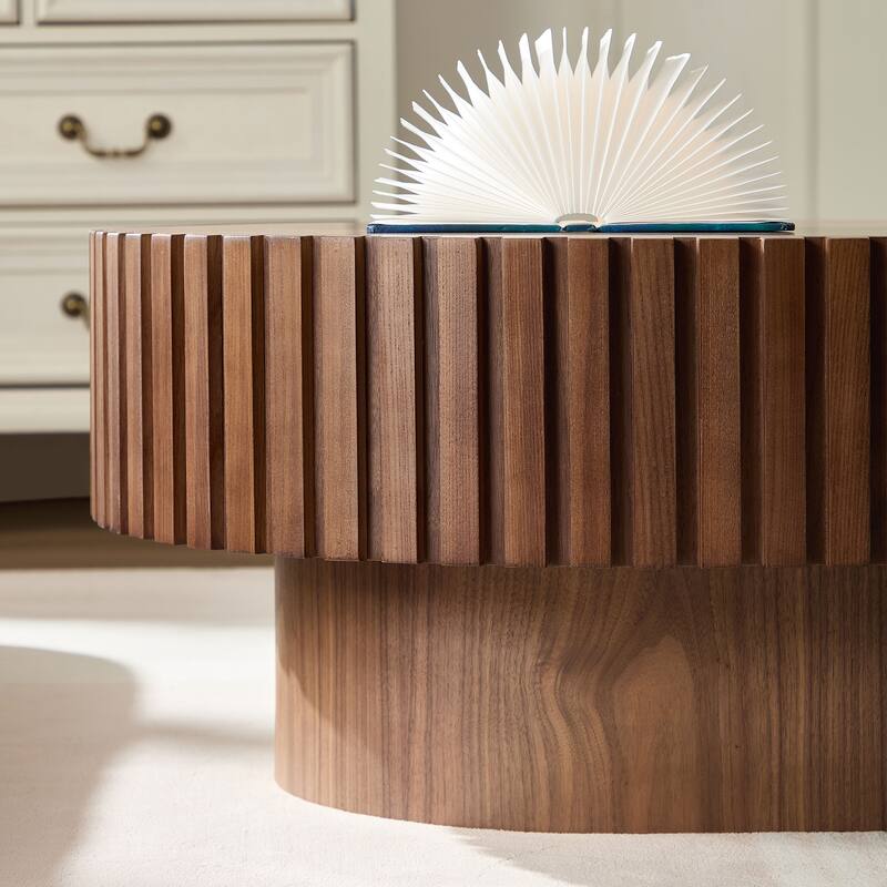 Modern Handcraft Drum Coffee Table Oval Coffee Table for Living Room, Small Wooden Coffee Table with Solid Wood Relief