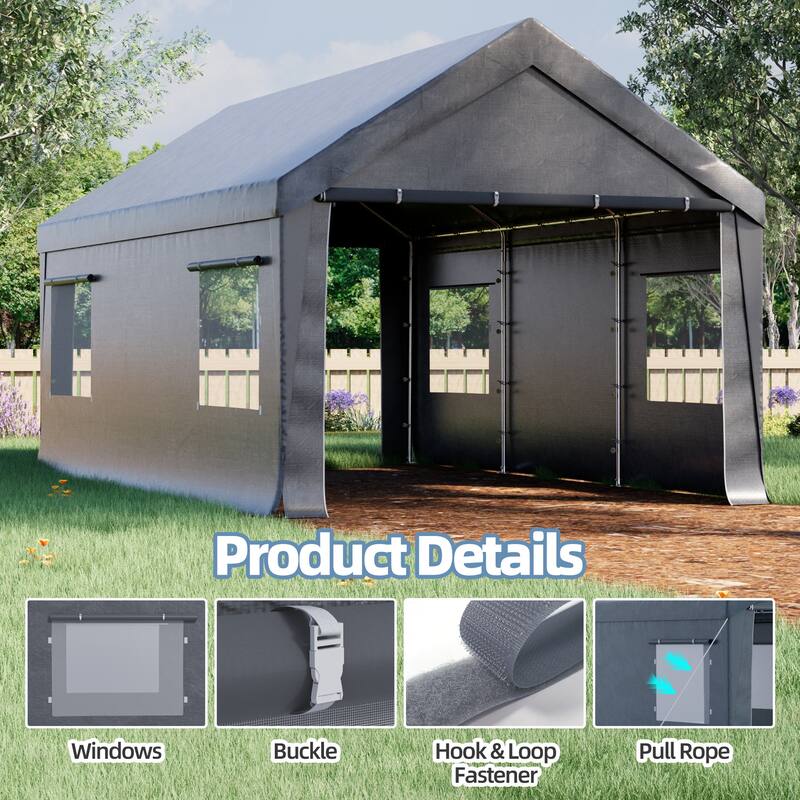 Heavy Duty Enclosed Carport Shelter, Waterproof UV-Resistant Canopy with Steel Frame & Roll-Up Windows