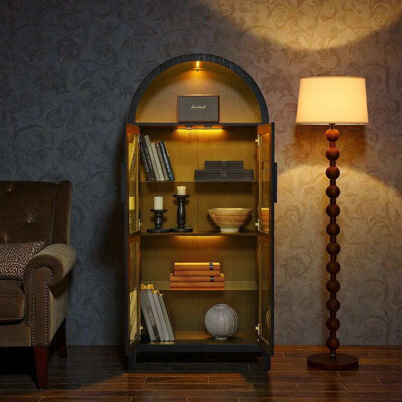 High Arched Wooden Storage Cabinet with LED Light, Adjustable Glass Shelves, Modern Retro Multi-Functional Display Locker