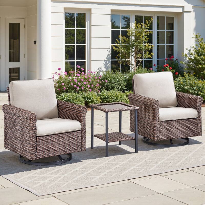 Pocassy Outdoor Sofa with Swivel Chairs Funiture Set - 3PCS Swivel Chairs w/ Table - Brown Wicker Blue Cushion