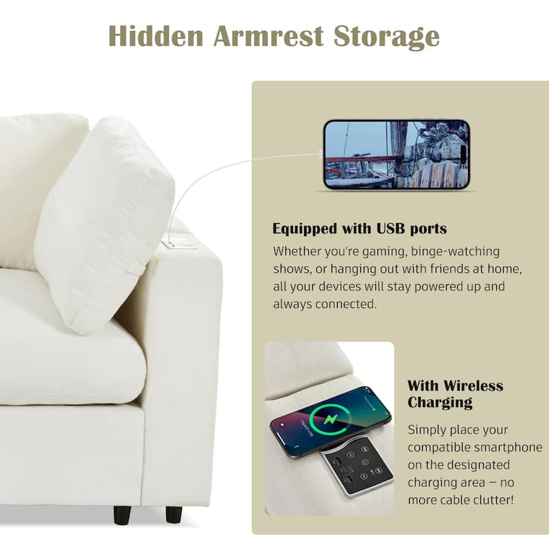 Modular Upholstered Sectional Sofa with Storage Space, USB Charge Ports, Wireless Charging and Built-in Bluetooth Speaker in Arm