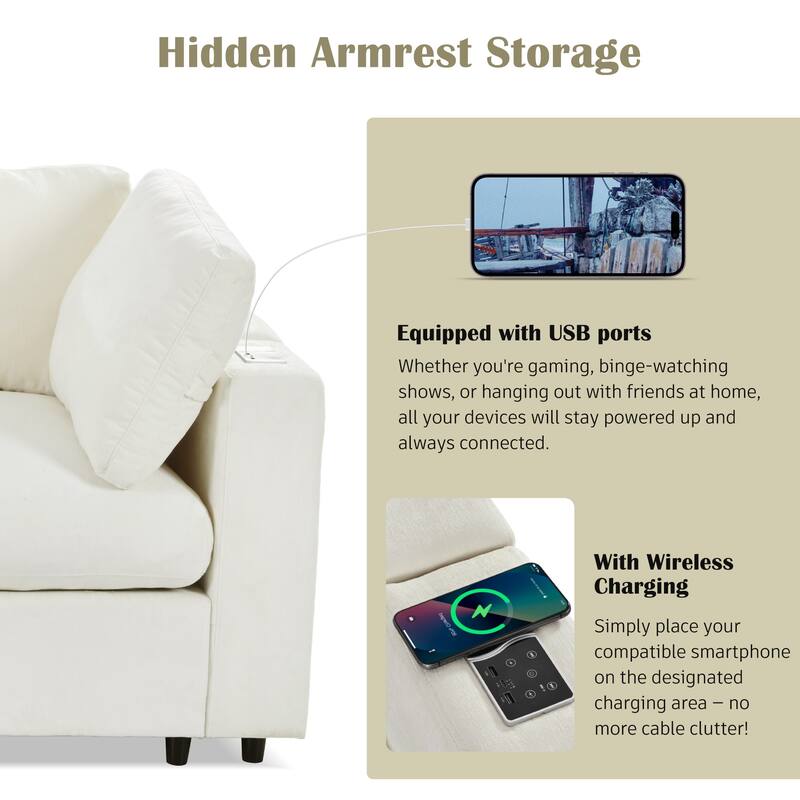 Upholstered Modular Sofa with USB Charge Ports and Wireless Charging, Built-in Bluetooth Speaker, Sectional Couch