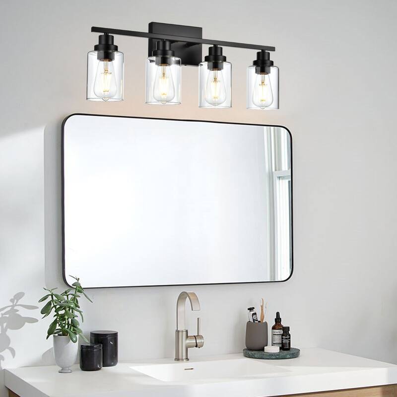4-Light Wall Light Black Bathroom Vanity Lights, E26 Modern Bathroom Light Fixtures with Clear Glass Shade, Sconces Wall Lights