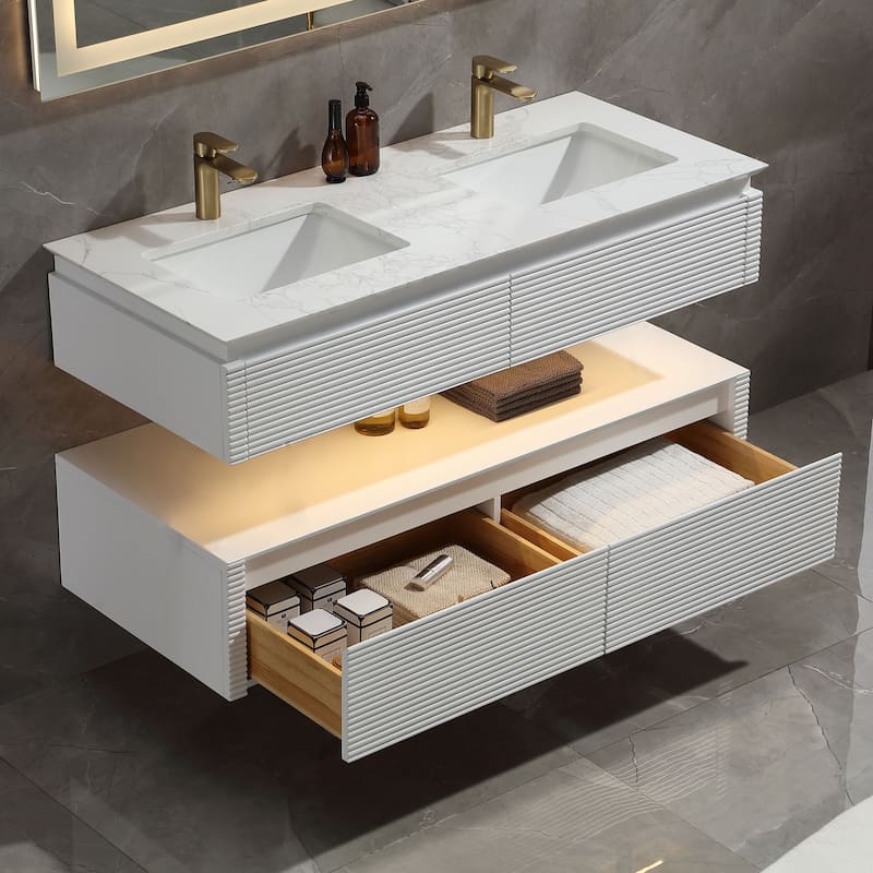 Modland 36/48 Inch LED Floating Vanity with Marble Top & Soft-Close Drawer - Green/White, Wall Drain Ready - 48''+ 2 Sink - White