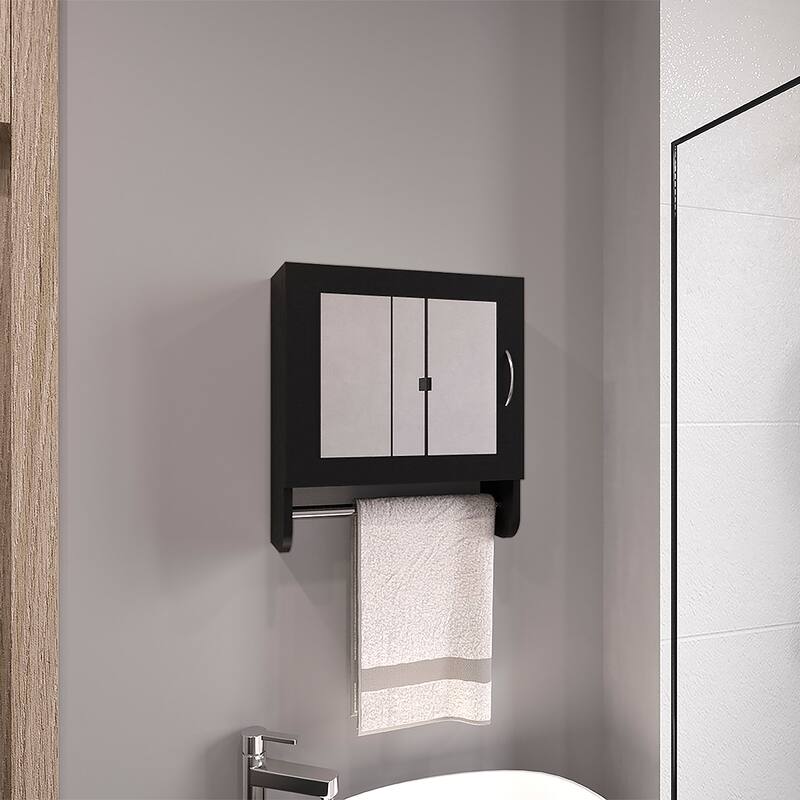 White Mirror Medicine Cabinet with Towel Rack, Two Shelves for Bathroom and Kitchen Storage - 6X18 in - Black + Particle Board