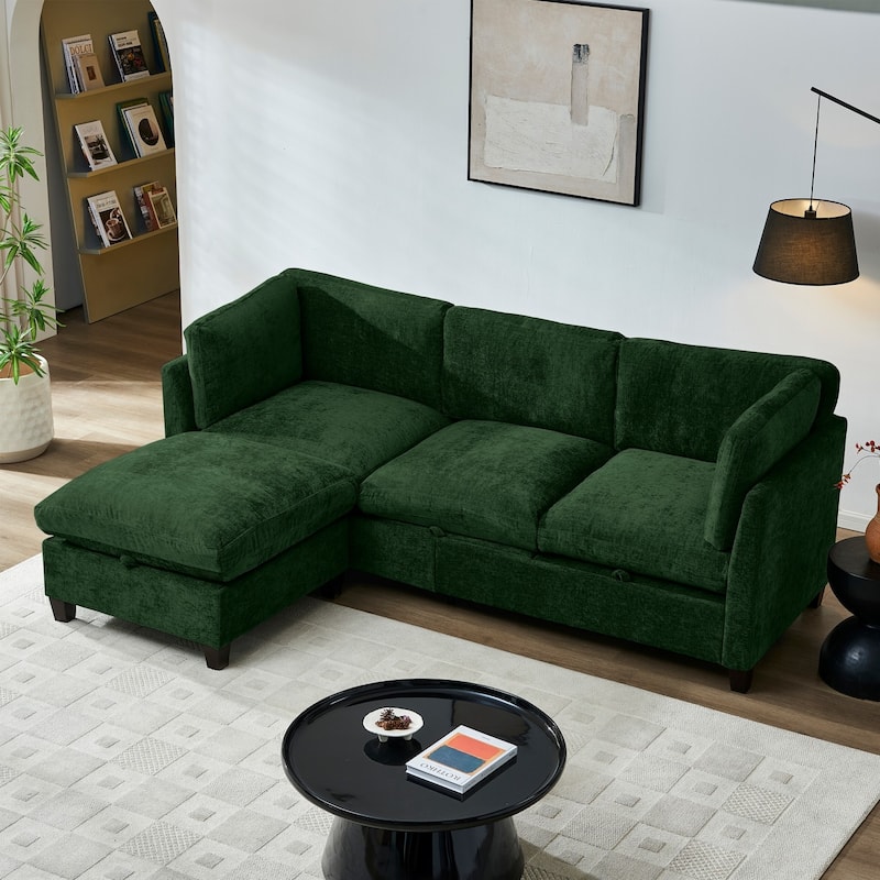 96.5" L-Shaped Chenille Sectional Sofa with Storage and Movable Ottoman