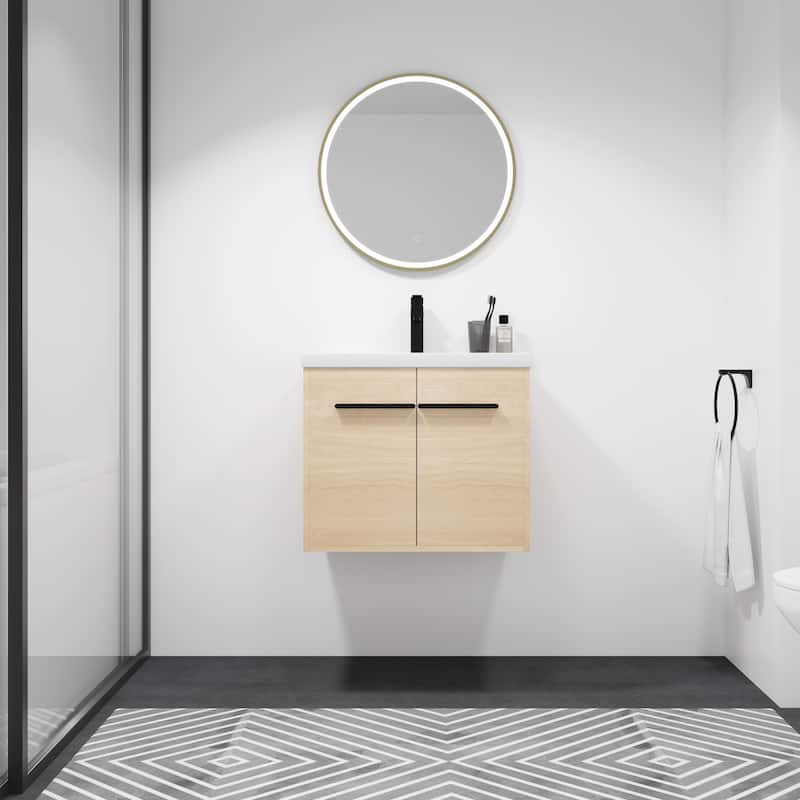 Fully Assembled Black 24 Inch Bathroom Vanity with Ceramic Countertop Sink, Oak 2 Doors Bathroom Cabinet Set - Oak