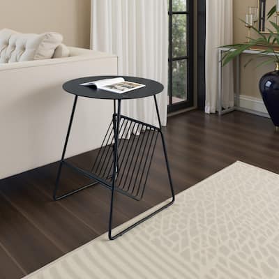 Zeo Side End Table w Magazine Rack, 14 Inch Round Top, Black Metal