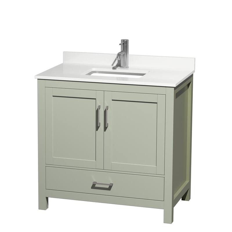 Sheffield 36-inch Single Vanity, Single Hole Quartz Top - Light Green, Nickel Trim, White Quartz Top
