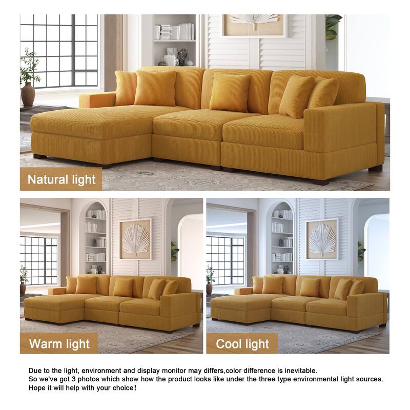 118" W Corduroy L-shape Modular Sectional Sofa with Pillows