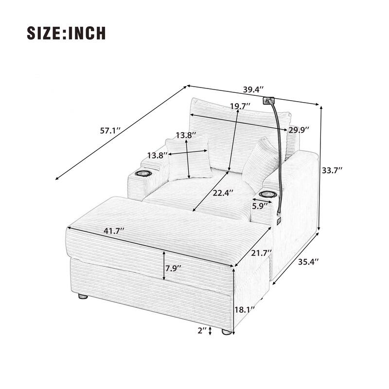 Modern Single Sofa with Movable Ottoman, Hidden Storage, USB Ports, Cup Holders and Phone Holder for Living Room
