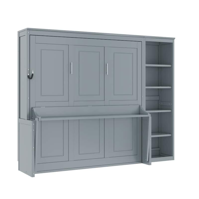 Queen/Full Size Wood Murphy Bed Foldable Wall Bed with Desk and Bookshelf