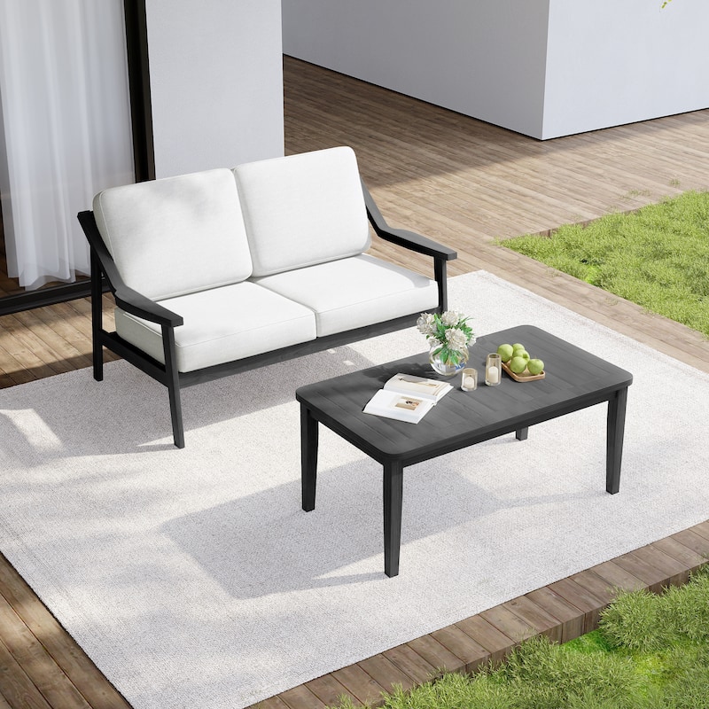 Outdoor Wood Teak Cushioned Patio 2 Seater Loveseat with Coffee Table