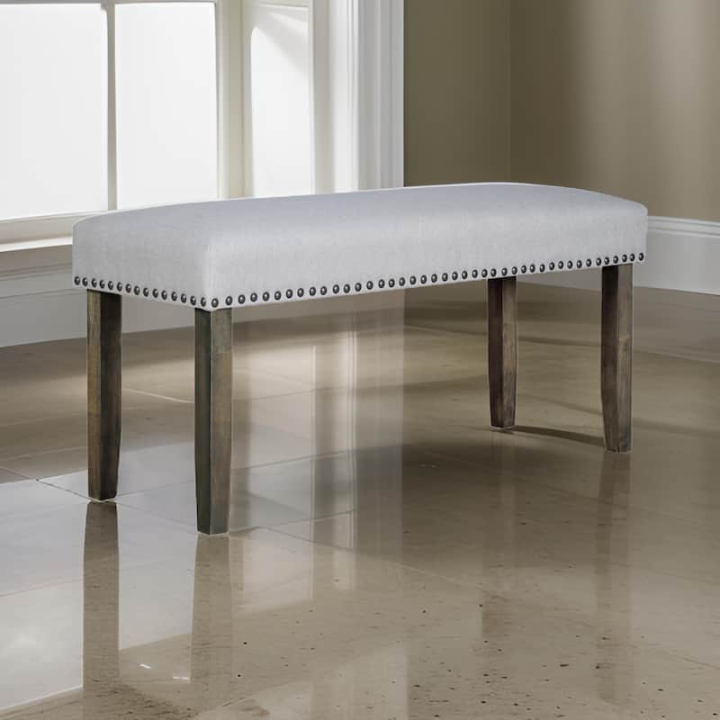 Luo 43 Inch Dining Bench, Nailhead Accent Soft Gray Upholstery, Brown Wood