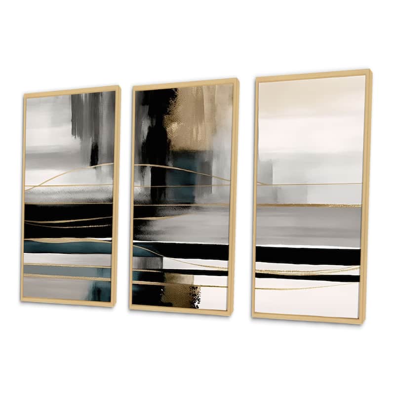 Designart "Abstract Geode Geometric Black And Gold III" Modern Geometric Framed Canvas Art Print - 3 Panels