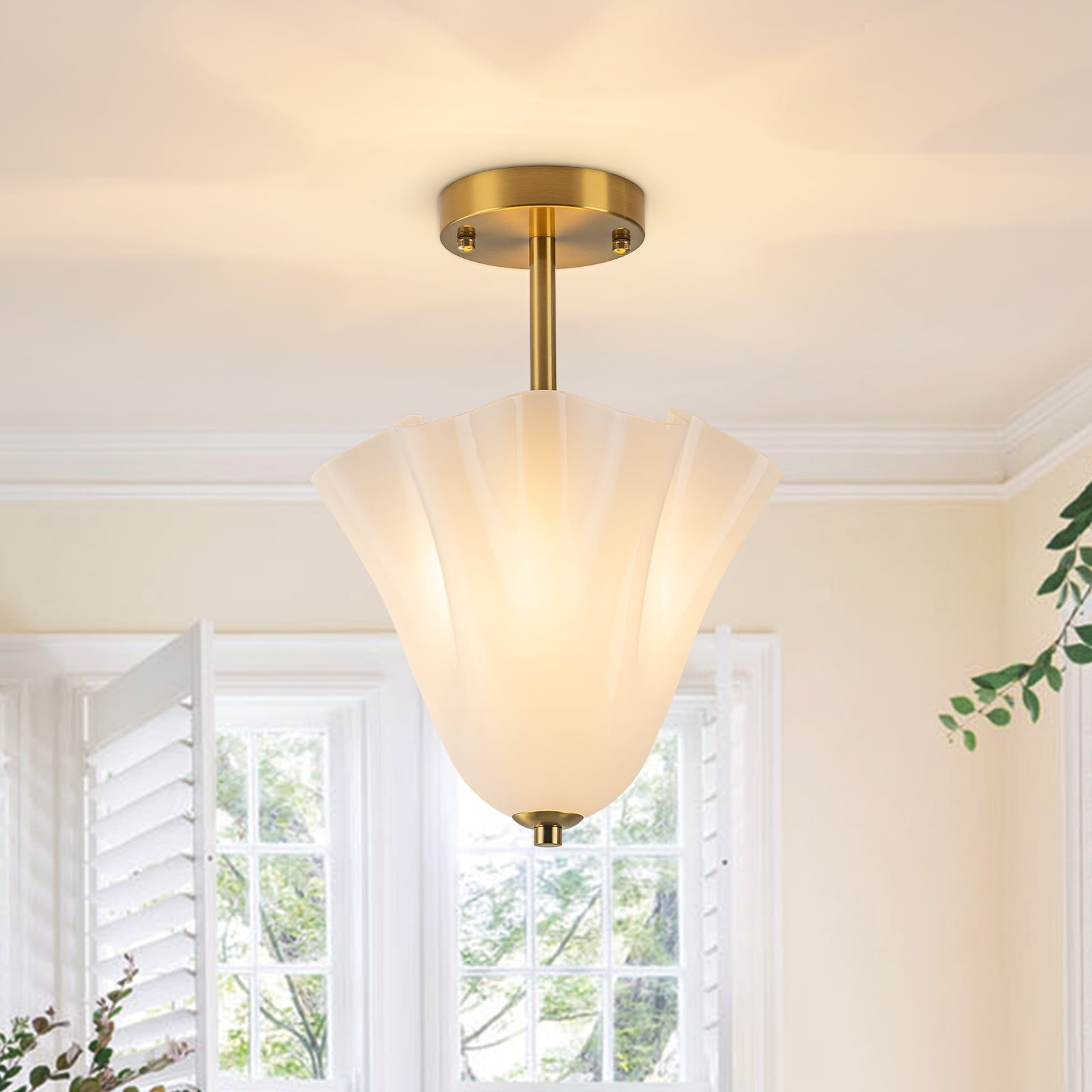 2-Light Ruffled Opal Glass Semi-Flush Mount For Entryways - 10.6 in