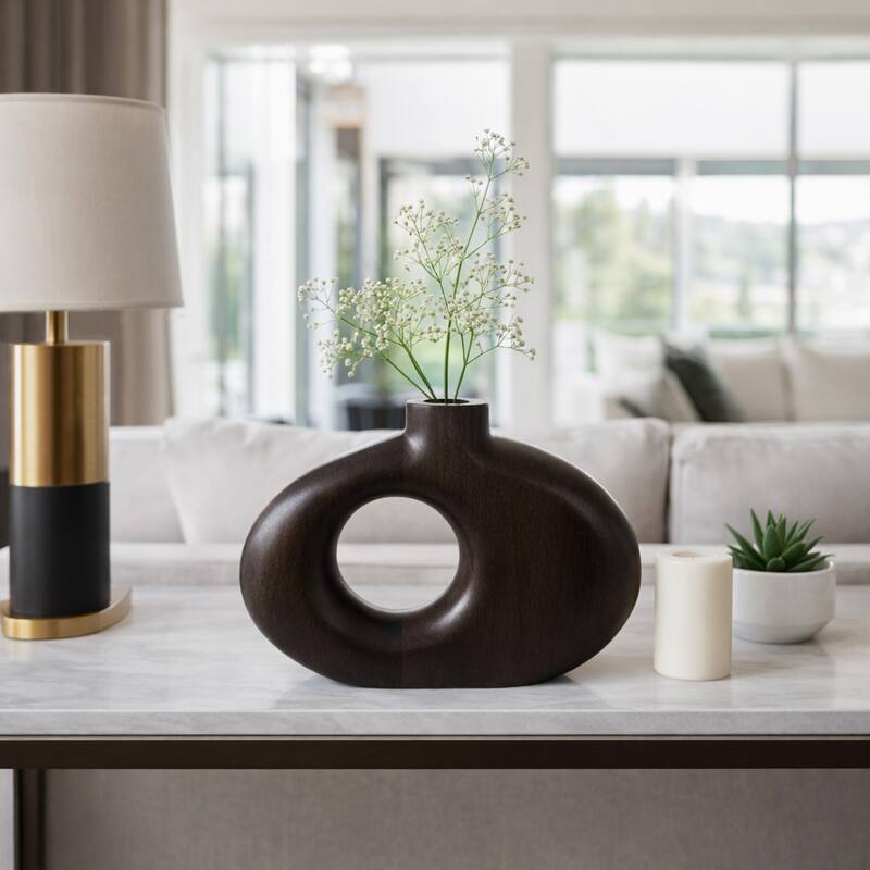 Mango Wood Modern Vase with Round Cutout Silhouette Minimalist Design - Brown - 10.0"
