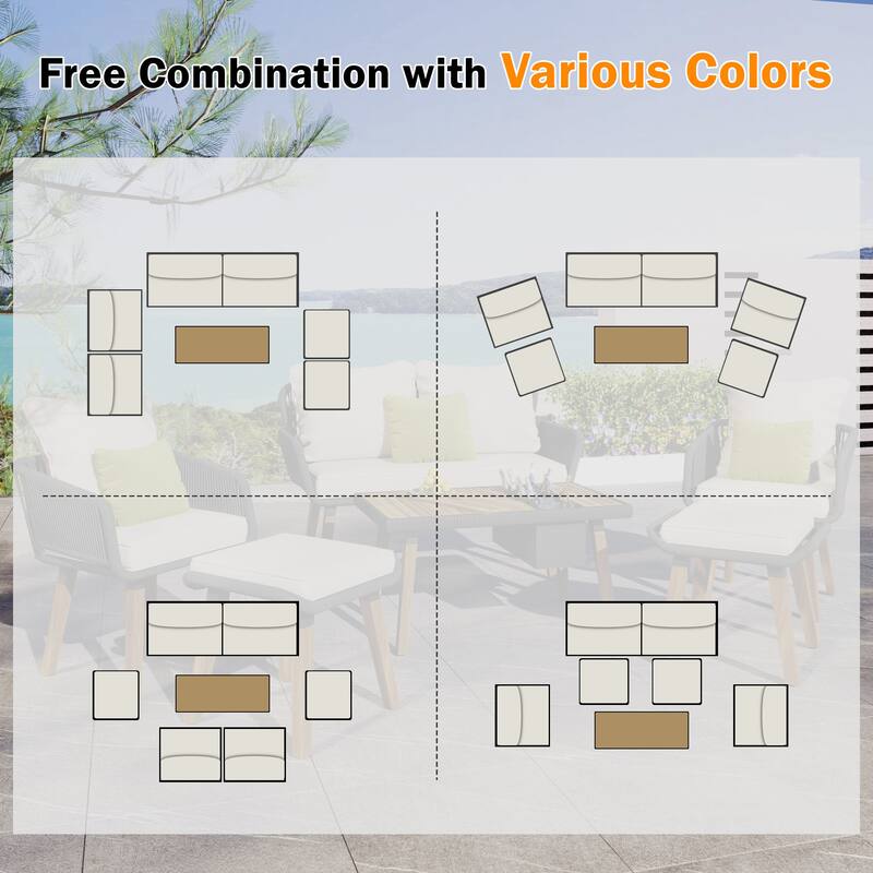 Luxury 6-piece FSC Certified Acacia Wood Furniture Deep Seating Sofa Set with Cool Bar Table,2 Armchair and 2 ottoman,Beige