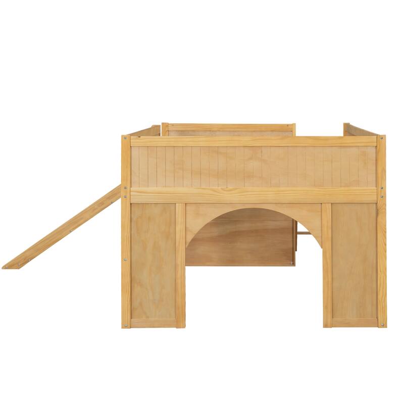 GDFStudio - PlayHaven Modern Wooden Low Loft Bed with Storage Shelves and Slide