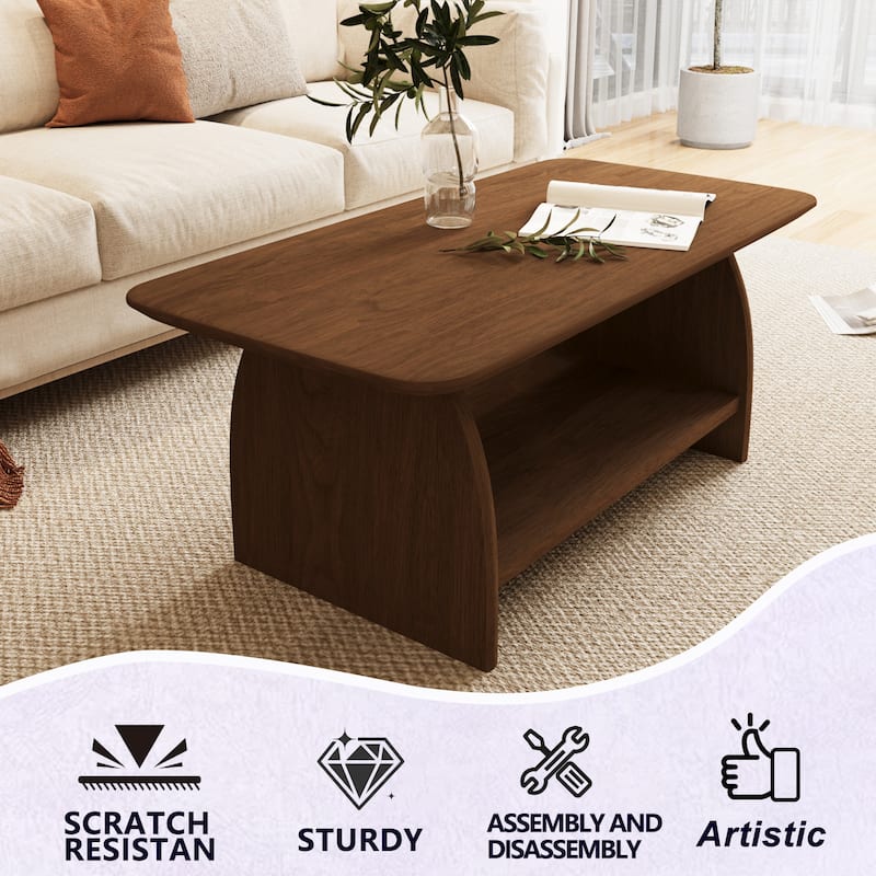 GDFStudio - Solmere Minimalist Rustic Rectangular Coffee Table with Open Storage Shelf, Anti-Slip Pads, Rounded Corner Design