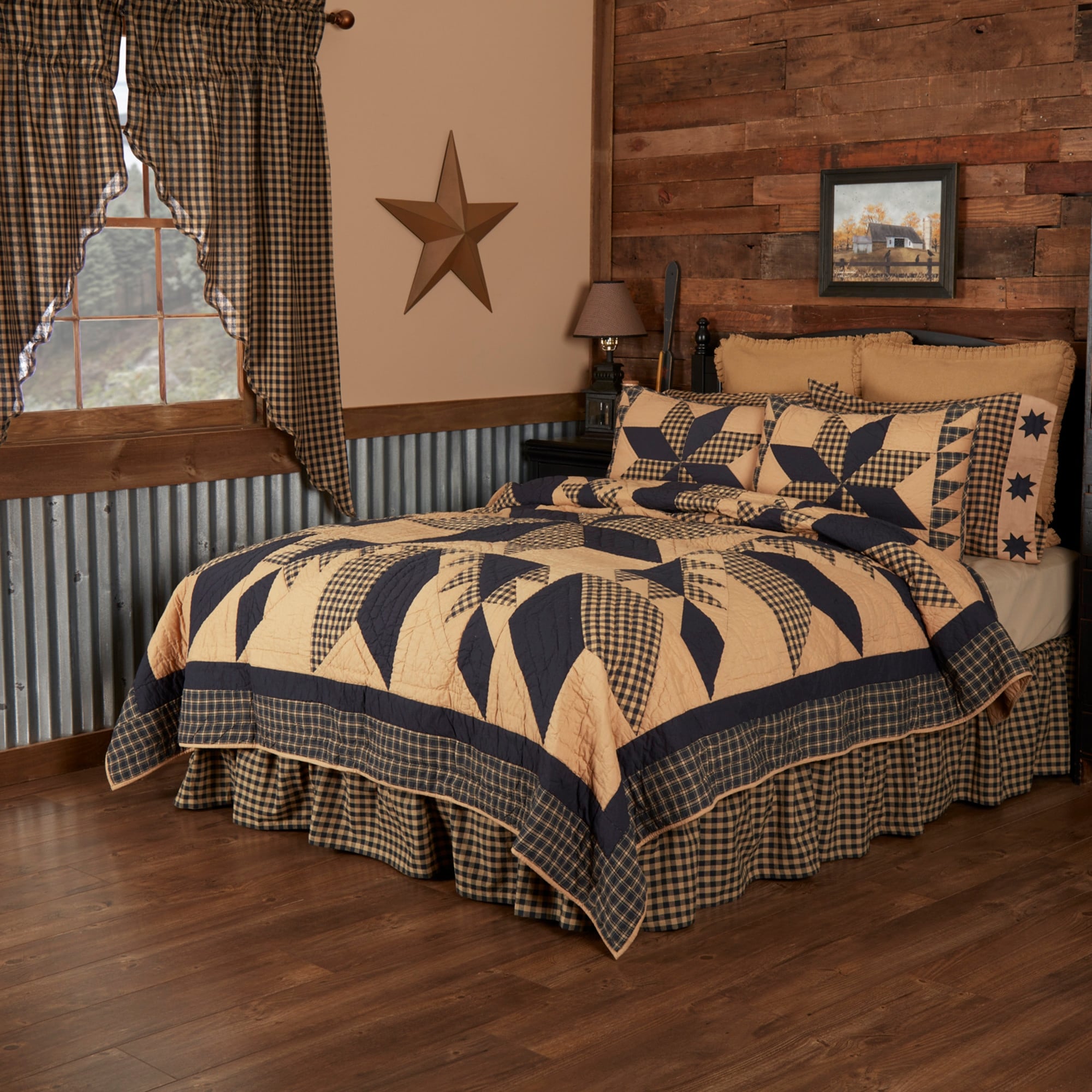 DAKOTA BLACK TAN STAR Twin Queen King or Cal King QUILT COTTON PRIMITIVE CABIN 