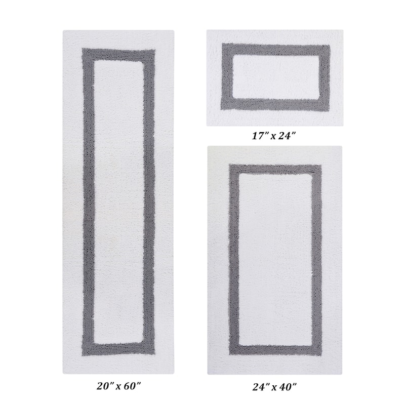 Better Trends Hotel Collection in Race Track 100% Cotton Super Absorbent Reversible Double Sided Machine Washable Bath Mat Rug - 3 Piece Set (17" x 24" | 24" x 40" | 20" x 60") - White & Gray