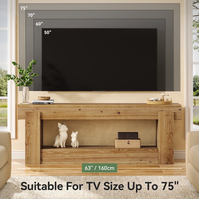 2 Tier Solid Wood TV Stand for Living Room, Fits TVs Up to 75 inches - 62.99" L x 15.75" W x 23.62" H