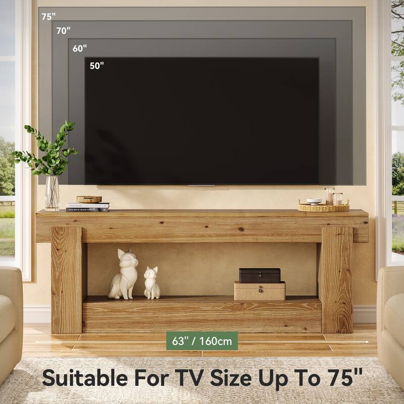 63 Inch Solid Wood TV Stand for TVs Up to 75 inches, Farmhouse Entertainment Center with Storage for Living Room / Bedroom