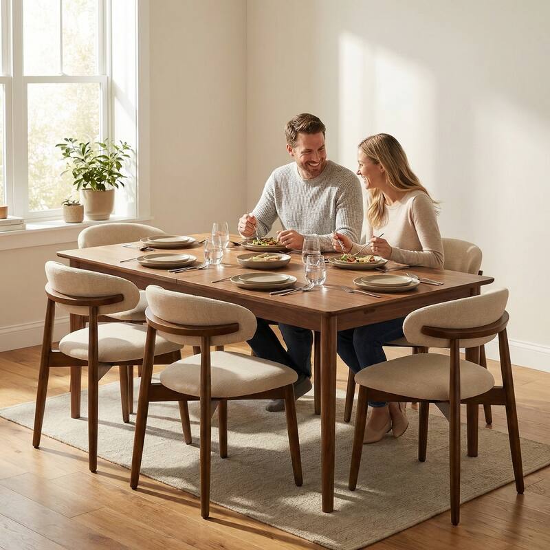 Wooden Dining Chairs Set of 2, Modern Fabric Upholstered Dining Room Chair with Curved Back, with Adjustable Foot Pads