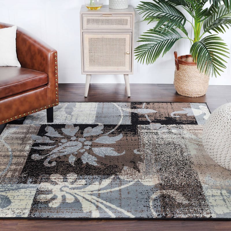 Superior Pastiche Contemporary Floral Patchwork Area Rug - 8' x 8' Square - Beige