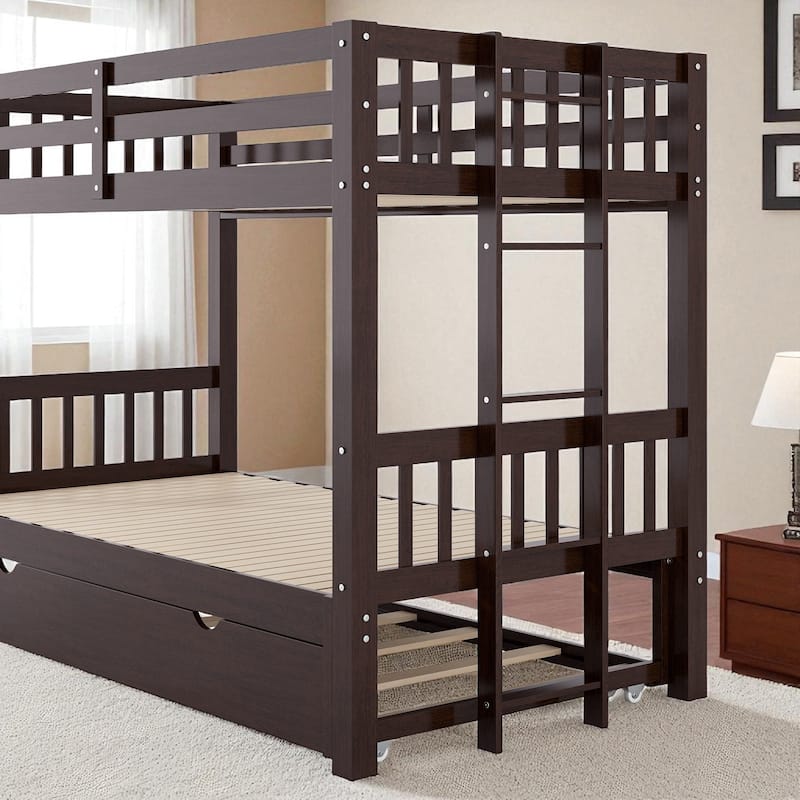 Twin Over Twin Pull-Out Bunk Bed with Trundle, Convertible 4 Beds, Solid Wood Frame with Guardrails and Ladder