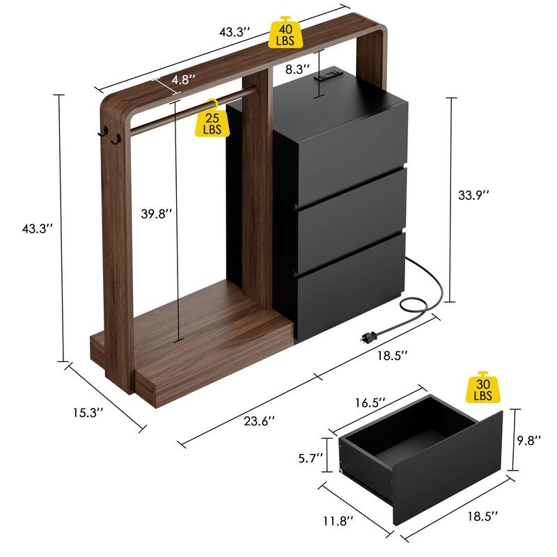 Dresser for Bedroom with Hanging Closet, 3 Drawers Dresser with LED Lights & Charging Station