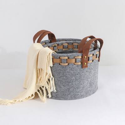Modern Storage Basket With Faux Leather Handles Set of 3 - 3 Sizes