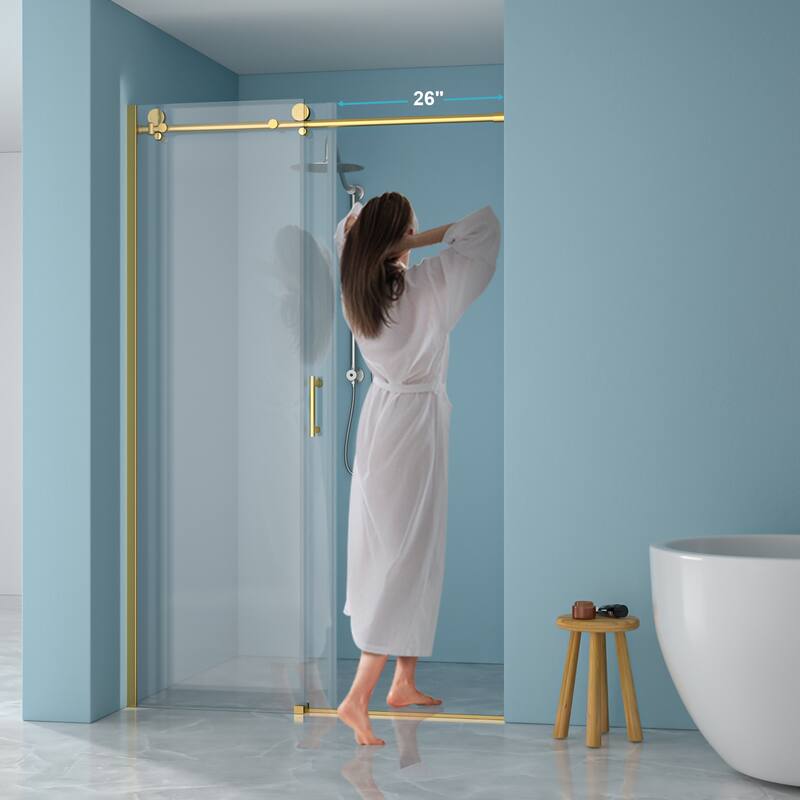 48"W x 76"H Gold Stainless Steel Single-Slide Shower Door with 8mm Tempered Glass – Reversible Left or Right Installation