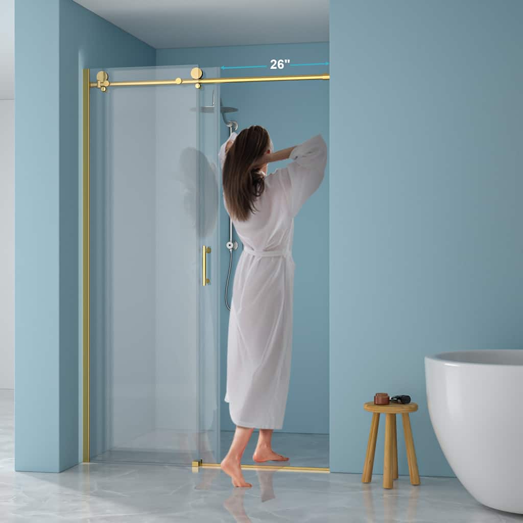 48"W x 76"H Gold Stainless Steel Single-Slide Shower Door with 8mm Tempered Glass – Reversible Left or Right Installation