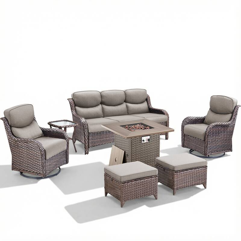 Pocassy Outdoor Propane Fire Pit Table with Sofa Swivel Chair Funiture Set.