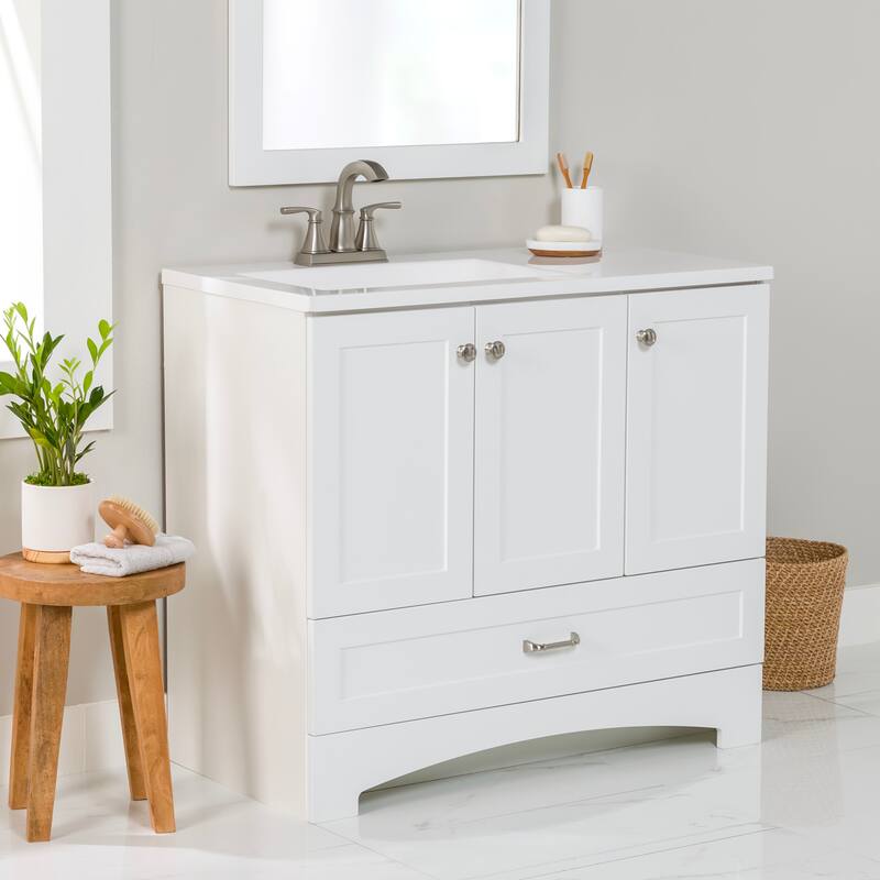 Spring Mill Cabinets Emlyn 36.5" Bathroom Vanity With Shelves, Drawer, and White Sink Top - White