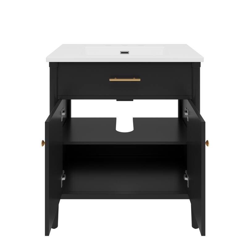 31 Inch Bathroom Vanity with Sink Soft Close Doors Adjustable Shelf Rubber Wood Legs, Curved Profile Design