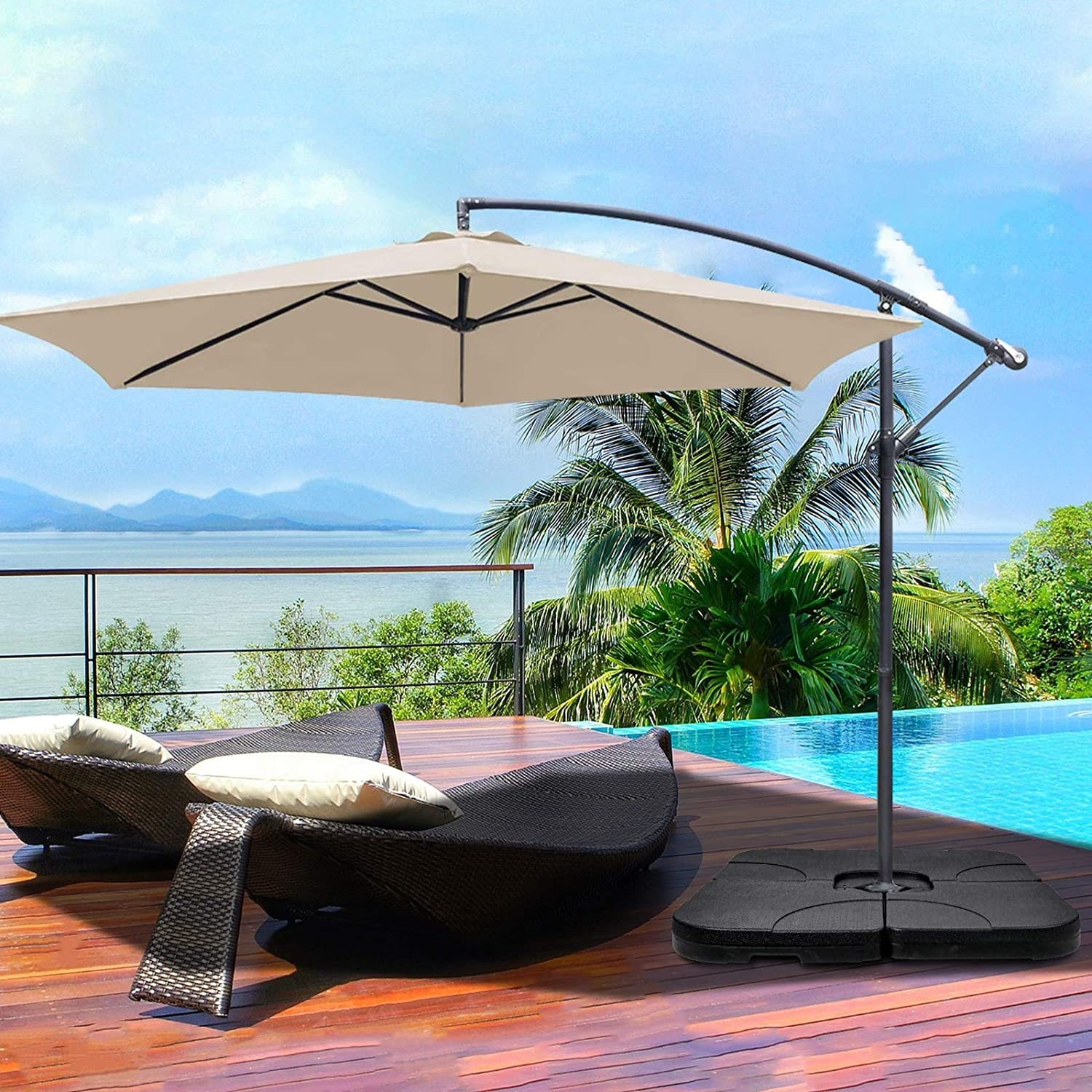 cantilever patio umbrella with solar panel on top Pellebant Solar LED Double Top 9 ft. x 11 ft. Outdoor Cantilever 360  Rotation Tiltable Patio Umbrella in Gray with Base UB024PU88LDGY